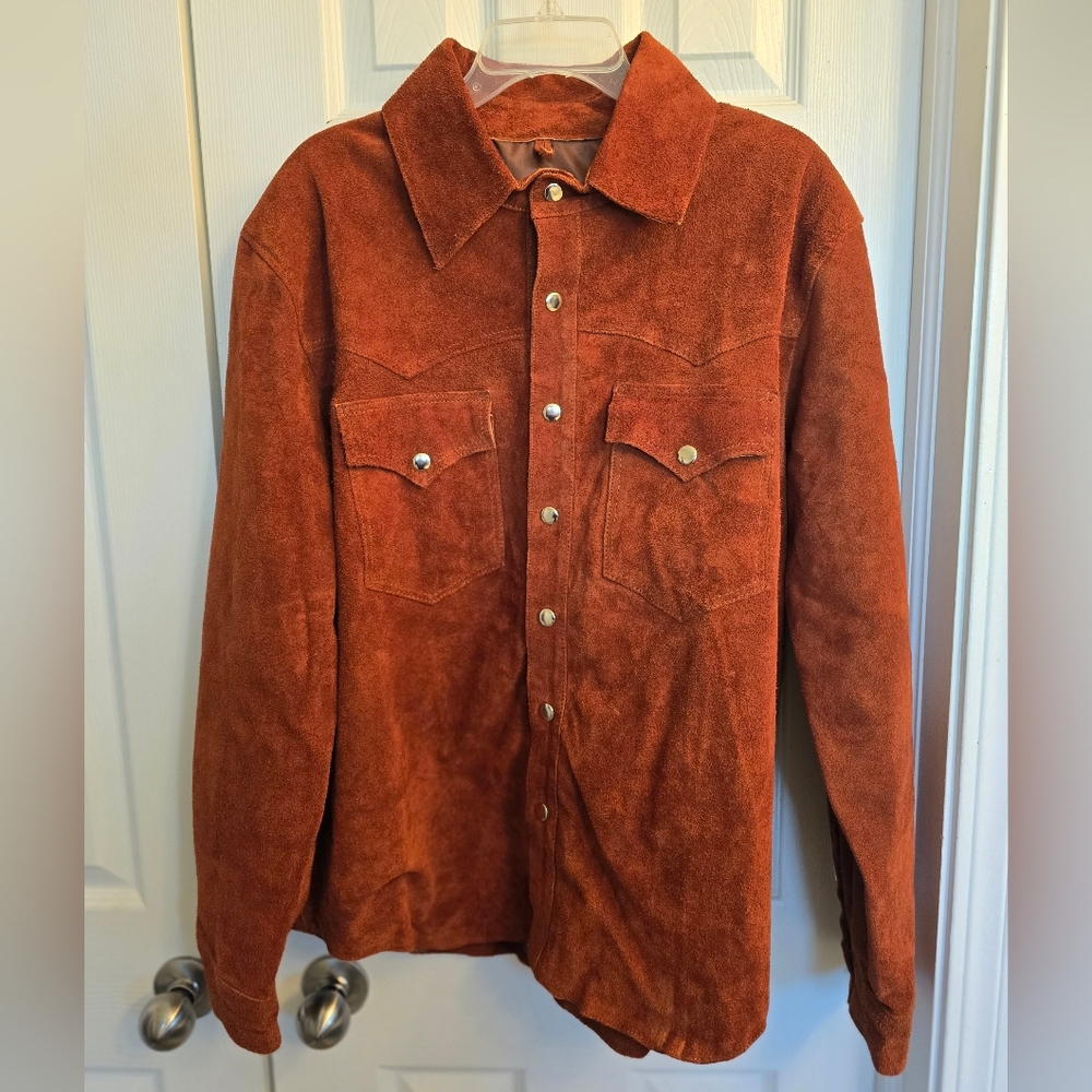 Roughtout Suede Button-Up Western Jacket, rust color. RRL like brand.